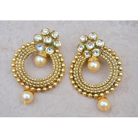 Golden Bead Kundan Pearl Dangler Earrings